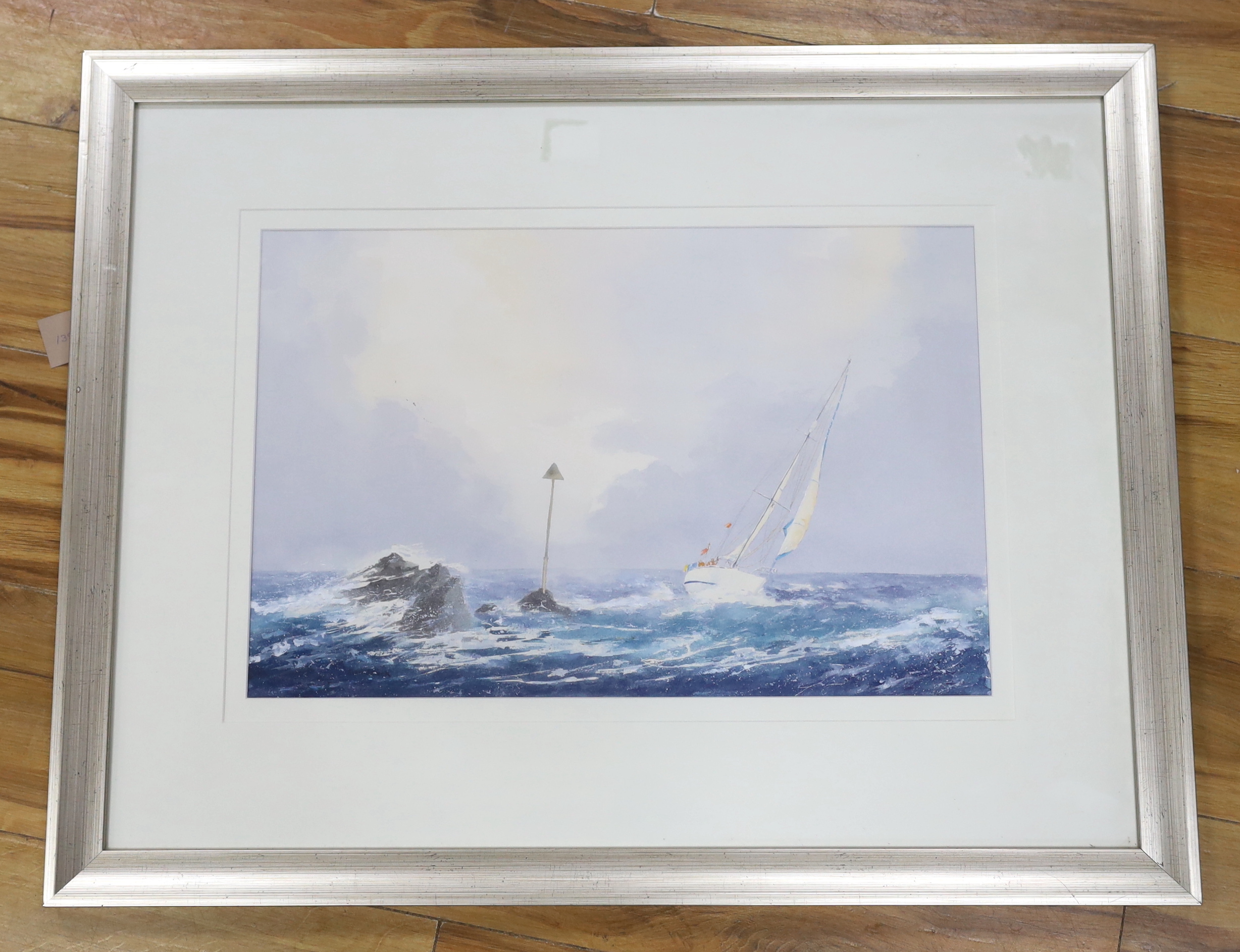 Alan Stark (20th. C) heightened watercolour, Yacht at sea, 31 x 48cm